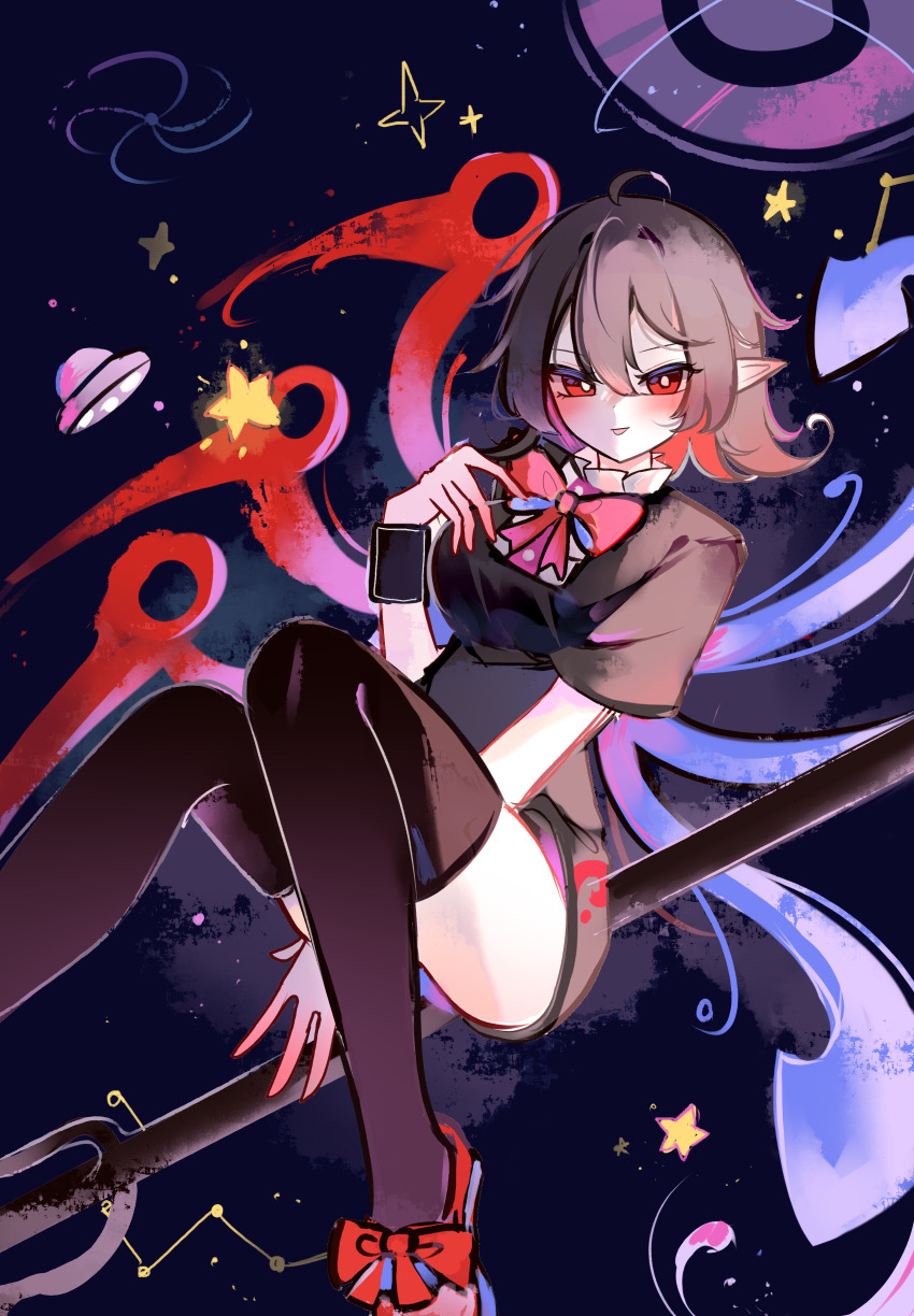 1girl absurdres asymmetrical_wings black_dress black_hair black_thighhighs blue_wings blush bow bowtie breasts chinese_commentary colored_inner_hair commentary_request convenient_leg dress foot_out_of_frame footwear_bow hair_between_eyes highres holding holding_polearm holding_weapon houjuu_nue looking_at_viewer mary_janes medium_breasts multicolored_hair nue_day open_mouth pointy_ears polearm purple_background red_bow red_bowtie red_eyes red_hair red_shoes red_wings shen_bi_ren_(user_rjgy2824) shoes short_dress short_hair short_sleeves sky smile solo star_(sky) starry_sky thighhighs tomoe_(symbol) touhou trident ufo weapon wings wristband
