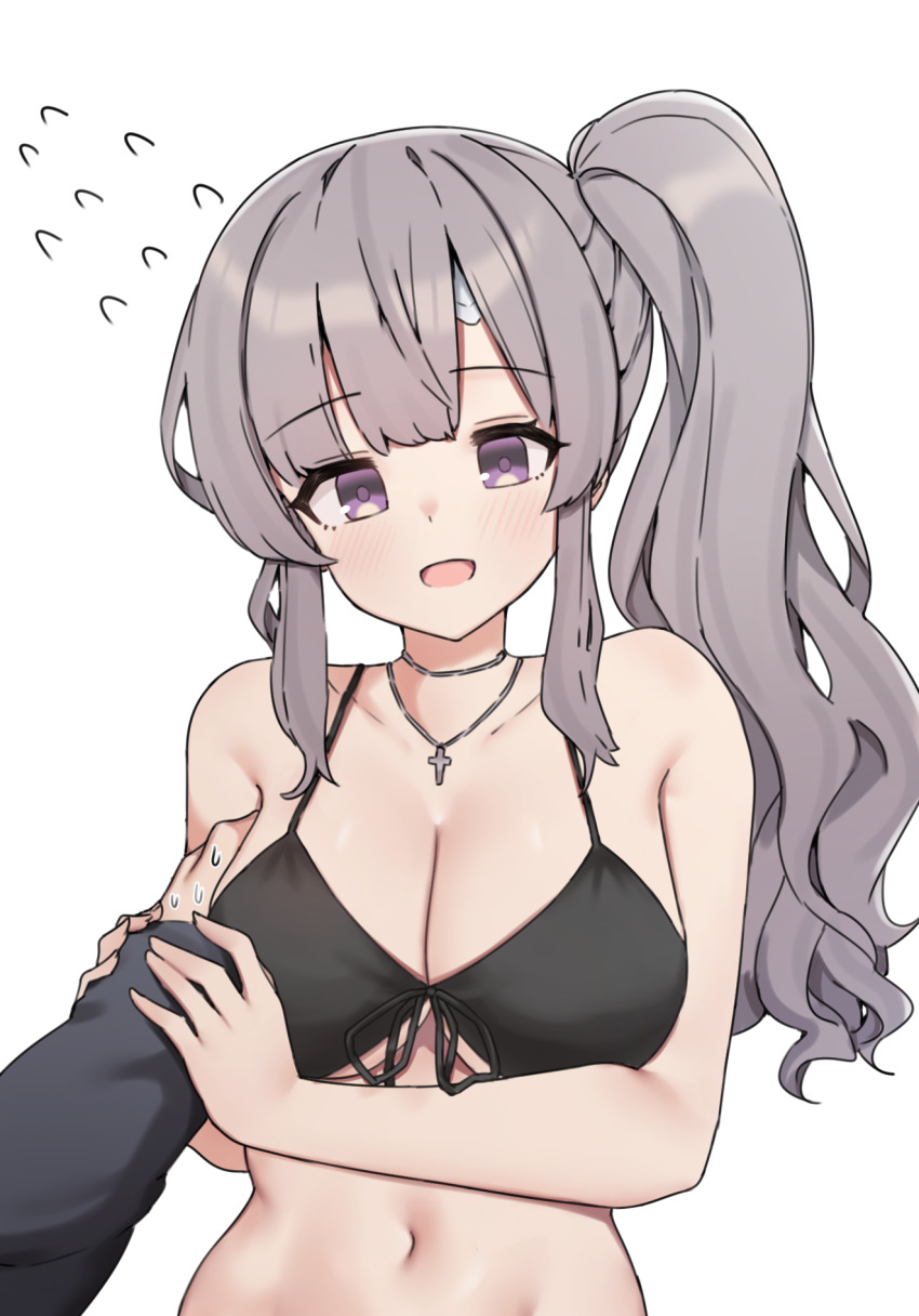 1boy 1girl :d aa211108 bandaid bandaid_on_face bandaid_on_forehead bikini bikini_under_clothes black_bikini breasts cleavage collarbone commission cross cross_necklace dot_nose eyelashes flying_sweatdrops front-tie_bikini_top front-tie_top grabbing_another&#039;s_breast grey_hair groping guided_breast_grab guiding_hand hair_over_shoulder halterneck hetero highres idolmaster idolmaster_shiny_colors idolmaster_shiny_colors_song_for_prism jewelry large_breasts light_blush long_hair looking_at_viewer navel necklace off_shoulder official_alternate_costume official_alternate_hairstyle open_mouth parted_bangs pixiv_commission pov pov_hands producer_(idolmaster) purple_eyes shirt side_ponytail sidelocks simple_background smile string_bikini sweatdrop swimsuit upper_body wavy_hair white_background white_shirt yukoku_kiriko