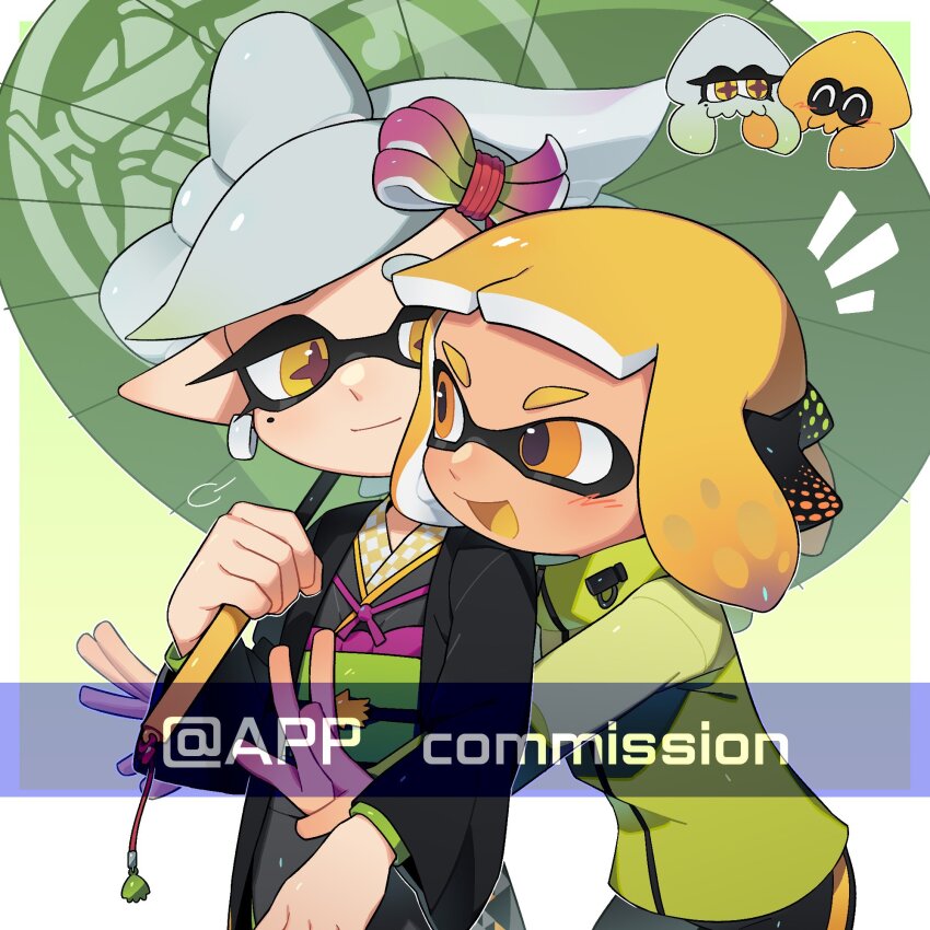 2girls agent_4_(splatoon) artist_name behind-the-head_headphones black_haori black_shorts bow-shaped_hair chibi chibi_inset closed_mouth colored_tongue commission cross-shaped_pupils earrings gradient_hair grey_hair grey_kimono haori headphones highres holding holding_umbrella hoop_earrings hug hug_from_behind ichijip_app inkling inkling_(swim_form) jacket japanese_clothes jewelry kimono long_sleeves looking_at_another marie_(kimono)_(splatoon) marie_(splatoon) medium_hair mole mole_under_eye multicolored_hair multiple_girls nintendo notice_lines obi obiage obijime official_alternate_costume oil-paper_umbrella open_mouth orange_eyes orange_hair orange_tongue pointy_ears purple_hair sash short_hair shorts smile splatoon_(series) splatoon_2 swept_bangs symbol-shaped_pupils tentacle_hair umbrella watermark white_background wide_sleeves yellow_eyes yellow_jacket