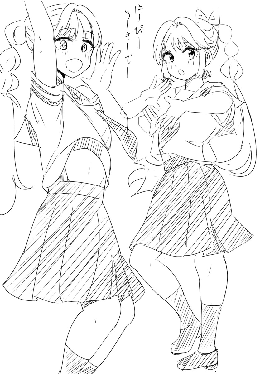 1girl :d :o ahoge ankle_socks anyoji_hime arm_up arms_up blush bow commentary_request dancing ereka foot_up greyscale hair_bow hair_intakes hatching_(texture) highres linear_hatching link!_like!_love_live! long_hair love_live! medium_skirt midriff_peek monochrome multi-tied_hair multiple_views neckerchief open_mouth pleated_skirt ponytail sailor_collar school_uniform serafuku short_sleeves skirt smile socks solo standing very_long_hair virtual_youtuber