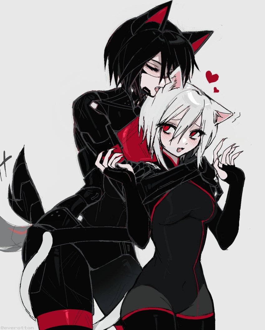 2girls android animal_ears ariane_yeong arms_around_neck belt black_bodysuit black_hair blush bodysuit cat_ears cat_girl cat_tail claws closed_eyes dog_ears dog_girl dog_tail elster_(signalis) eve_(everotten) grey_background hands_up heart highres hug hug_from_behind kemonomimi_mode multiple_girls open_mouth pantyhose red_eyes short_hair signalis simple_background smile tail tail_around_another&#039;s_leg tail_wrap white_hair yuri