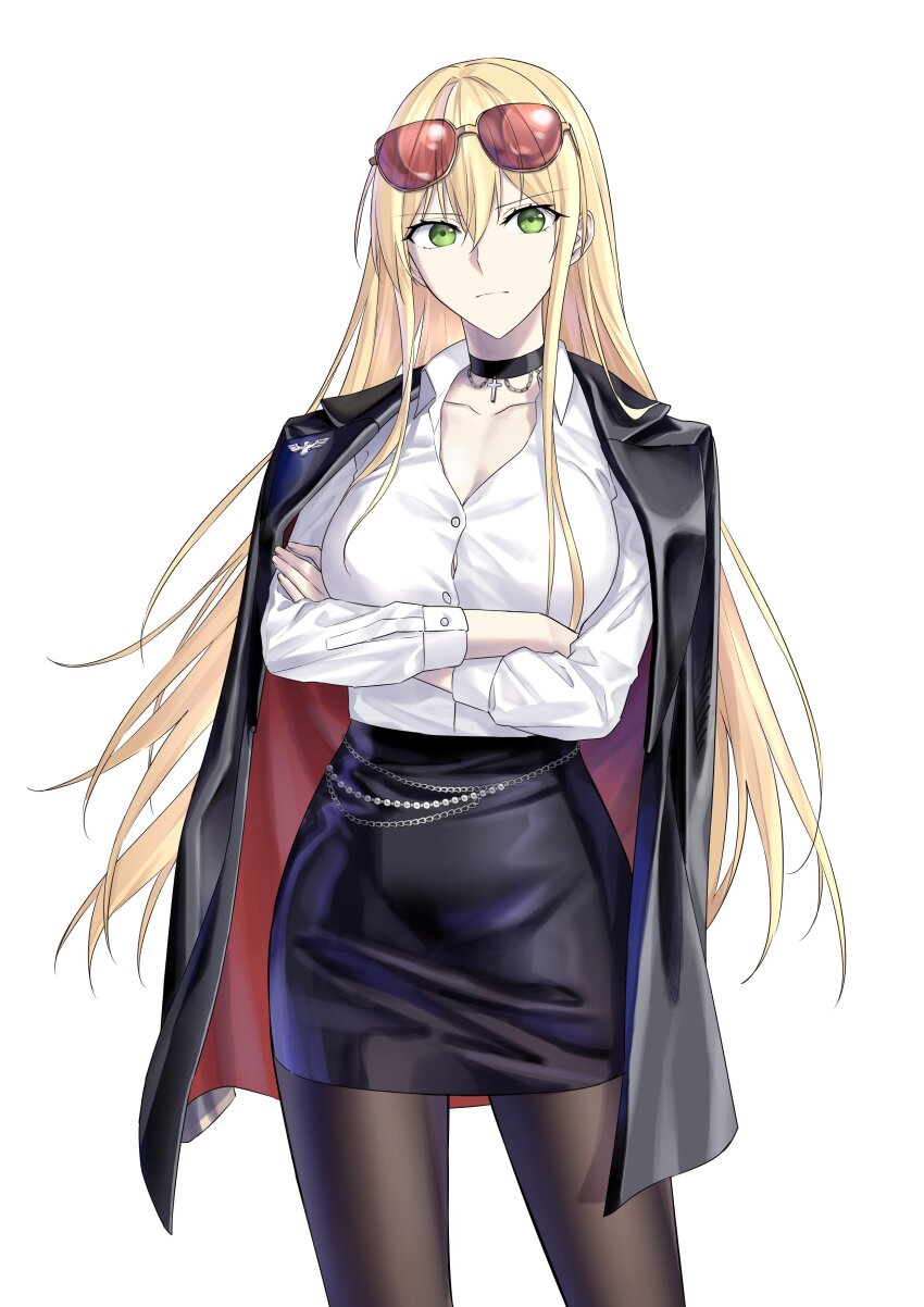 1girl absurdres black_choker black_jacket black_skirt blonde_hair breasts choker cleavage collarbone cowboy_shot cross crossed_arms eyewear_on_head fingernails girls&#039;_frontline green_eyes highres jacket jacket_on_shoulders large_breasts long_hair looking_at_viewer pantyhose shirt shirt_tucked_in skirt solo stg44_(detective&#039;s_sidekick)_(girls&#039;_frontline) stg44_(girls&#039;_frontline) suprii white_background white_shirt