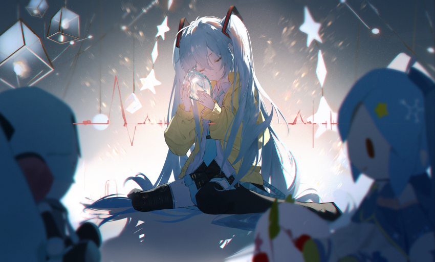 1girl aqua_hair aqua_necktie black_shoes black_skirt blurry boots character_doll chinese_commentary chromatic_aberration closed_eyes closed_mouth collared_shirt commentary_request depth_of_field doll fuwapuchi glowing hair_between_eyes hatsune_miku heart_(organ) heartbeat highres holding_heart_(organ) jacket long_hair naovo necktie open_clothes open_jacket pleated_skirt sakura_miku shirt shoes skirt smile solo star_(symbol) thigh_boots tie_clip twintails very_long_hair vocaloid white_shirt yellow_jacket yuki_miku yuki_miku_(2020)