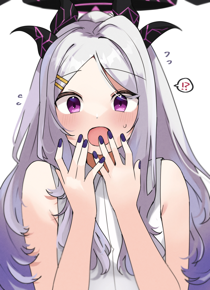 !? 1girl :o absurdres black_halo black_horns blue_archive blush commentary_request demon_girl demon_horns fingernails flying_sweatdrops grey_hair halo hands_up highres hina_(blue_archive) horns long_hair looking_at_viewer multiple_horns open_mouth parted_bangs purple_eyes purple_nails shirt simple_background sleeveless sleeveless_shirt solo upper_body very_long_hair white_background white_shirt zono_(inokura_syuzo029)