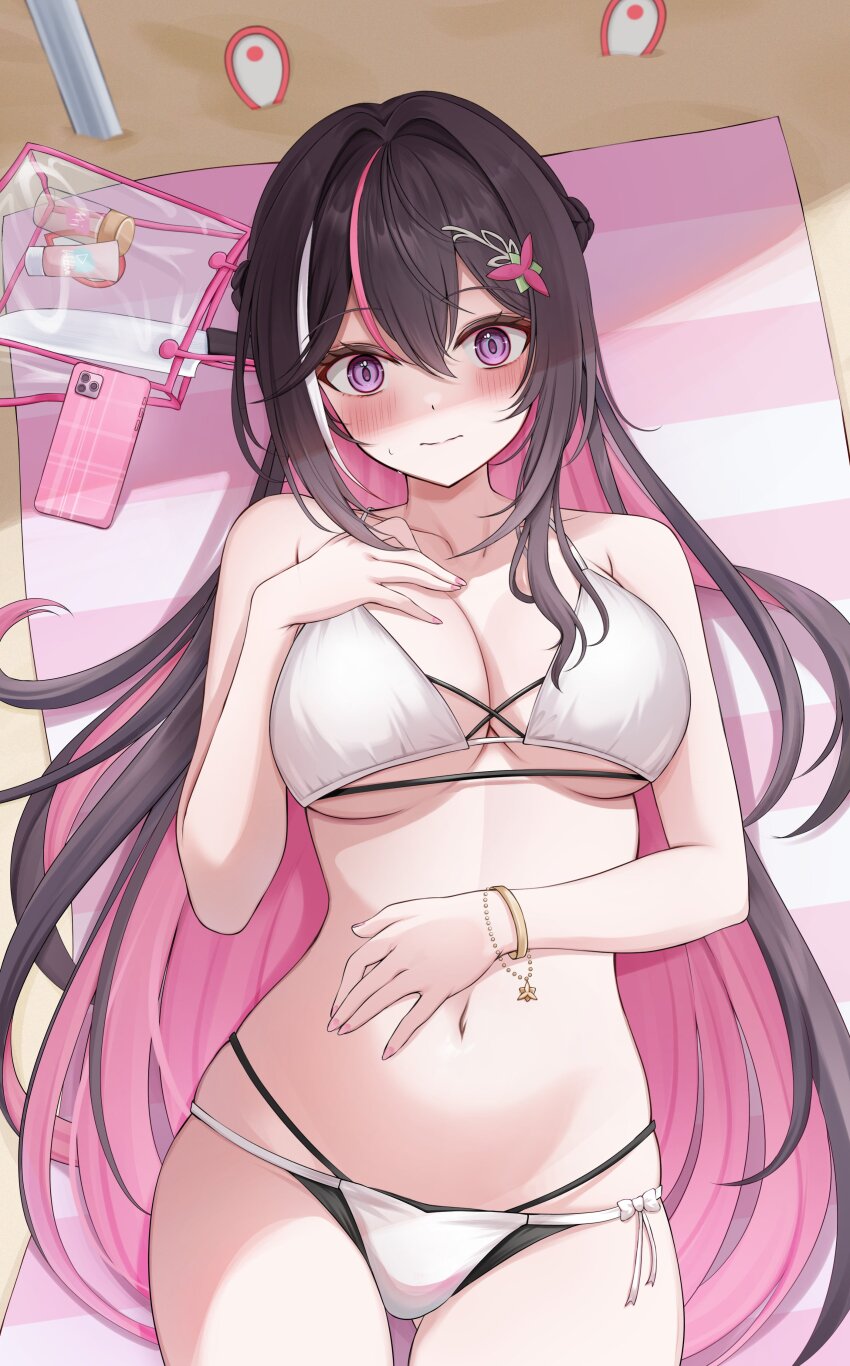 1girl 7nopi absurdres azki_(hololive) bag bare_shoulders beach_towel bikini black_bikini blush bottle bracelet braid breasts brown_hair cellphone closed_mouth collarbone colored_inner_hair commentary fingernails hair_intakes highres hololive jewelry large_breasts long_hair looking_at_viewer lying multicolored_hair nail_polish navel on_back phone pink_eyes pink_hair pink_nails sand smartphone solo stomach streaked_hair sweat swimsuit thighs towel virtual_youtuber white_bikini white_hair wide-eyed