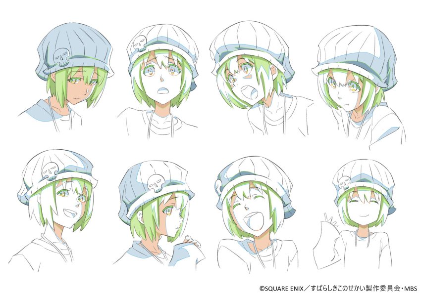 1girl beanie bito_raimu multiple_expressions facial_expressions female_focus happy hat highres jewelry looking_at_viewer multiple_views necklace official_art pout short_hair simple_background skull smile subarashiki_kono_sekai surprised