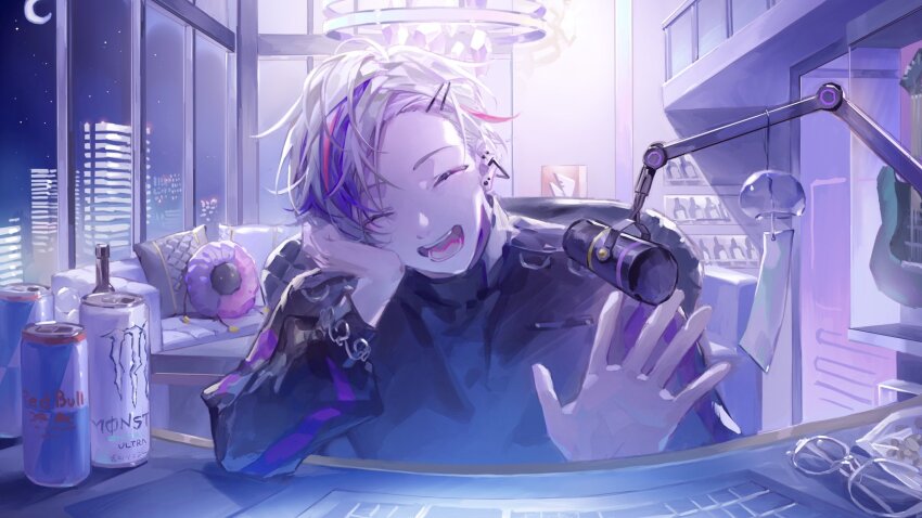 1boy :d ^_^ black_jacket black_shirt bottle building can chair chandelier closed_eyes computer_keyboard couch crescent_moon cushion desk_microphone drink_can ear_piercing earrings energy_drink facing_viewer fuwa_minato fuwa_minato_(4th_costume) fuwacchi_cruller guitar hair_behind_ear hair_ornament hairclip head_on_hand head_rest highres indoors instrument jacket jewelry long_sleeves male_focus microphone monster_energy moon multicolored_hair night nijisanji open_clothes open_jacket open_mouth piercing pink_hair pppupa purple_hair purple_theme red_bull shirt short_hair sitting sky skyscraper smile solo star_(sky) starry_sky streaked_hair swept_bangs triangle_earrings turtleneck turtleneck_shirt unworn_eyewear upper_body virtual_youtuber waving white_hair wind_chime window wine_bottle wine_rack