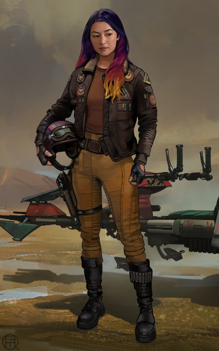 1girl absurdres black_boots black_gloves blonde_hair boots brian_matyas brown_jacket brown_pants brown_shirt fingerless_gloves full_body gloves helmet highres holding holding_unworn_helmet jacket long_hair multicolored_hair open_clothes open_jacket pants purple_hair realistic sabine_wren shirt solo speeder_bike standing star_wars star_wars:_ahsoka unworn_headwear unworn_helmet
