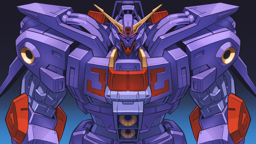 absurdres arms_at_sides blue_background chinese_commentary commentary_request gradient_background gundam gundam_zz highres looking_at_viewer mecha mecha_focus mobile_suit no_humans onion_maru psyco_gundam_mk_ii purple_eyes robot science_fiction solo upper_body v-fin