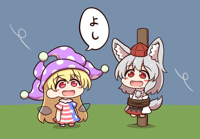 2girls american_flag american_flag_dress american_flag_legwear american_flag_print american_flag_shirt animal_ears blonde_hair blush blush_stickers bound chibi clownpiece commentary detached_sleeves dress fairy_wings flag_print grey_hair hat highres inubashiri_momiji jester_cap long_hair multiple_girls neck_ruff open_mouth outdoors pantyhose polka_dot polka_dot_headwear pom_pom_(clothes) print_shirt purple_hat red_eyes shirt shitacemayo short_hair short_sleeves smile speech_bubble star_(symbol) star_print striped_clothes striped_dress striped_pantyhose tail tied_up_(nonsexual) tokin_hat touhou translated transparent_wings very_long_hair white_hair wings wolf_ears wolf_girl wolf_tail