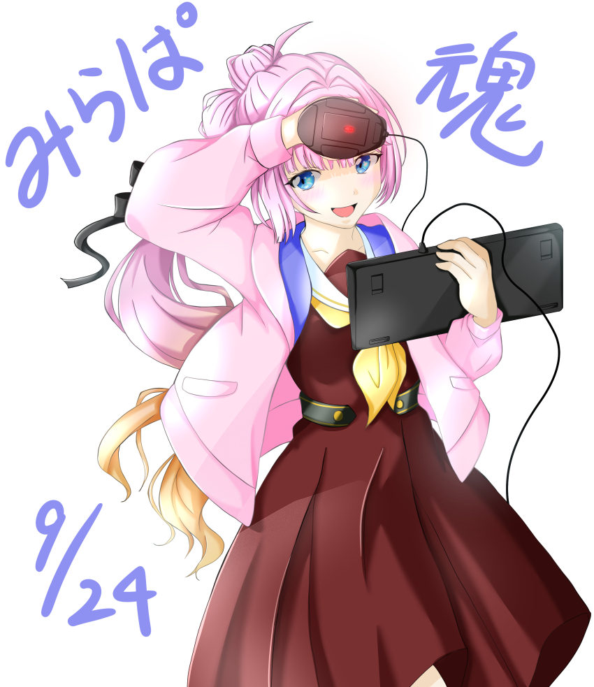 1girl absurdres ahoge anyoji_hime black_ribbon blonde_hair blue_eyes blunt_bangs brown_dress collarbone commentary_request computer_keyboard cowboy_shot dated dress gradient_hair hair_intakes hair_ribbon hasu_no_sora_school_uniform highres holding_computer_keyboard holding_computer_mouse hood hooded_jacket jacket link!_like!_love_live! long_hair long_sleeves love_live! multi-tied_hair multicolored_hair neckerchief open_clothes open_jacket pink_hair pink_jacket ponytail pudding_can_(a0905371) ribbon sailor_collar sailor_dress school_uniform sidelocks simple_background solo swept_bangs very_long_hair virtual_youtuber white_background white_sailor_collar winter_uniform yellow_neckerchief
