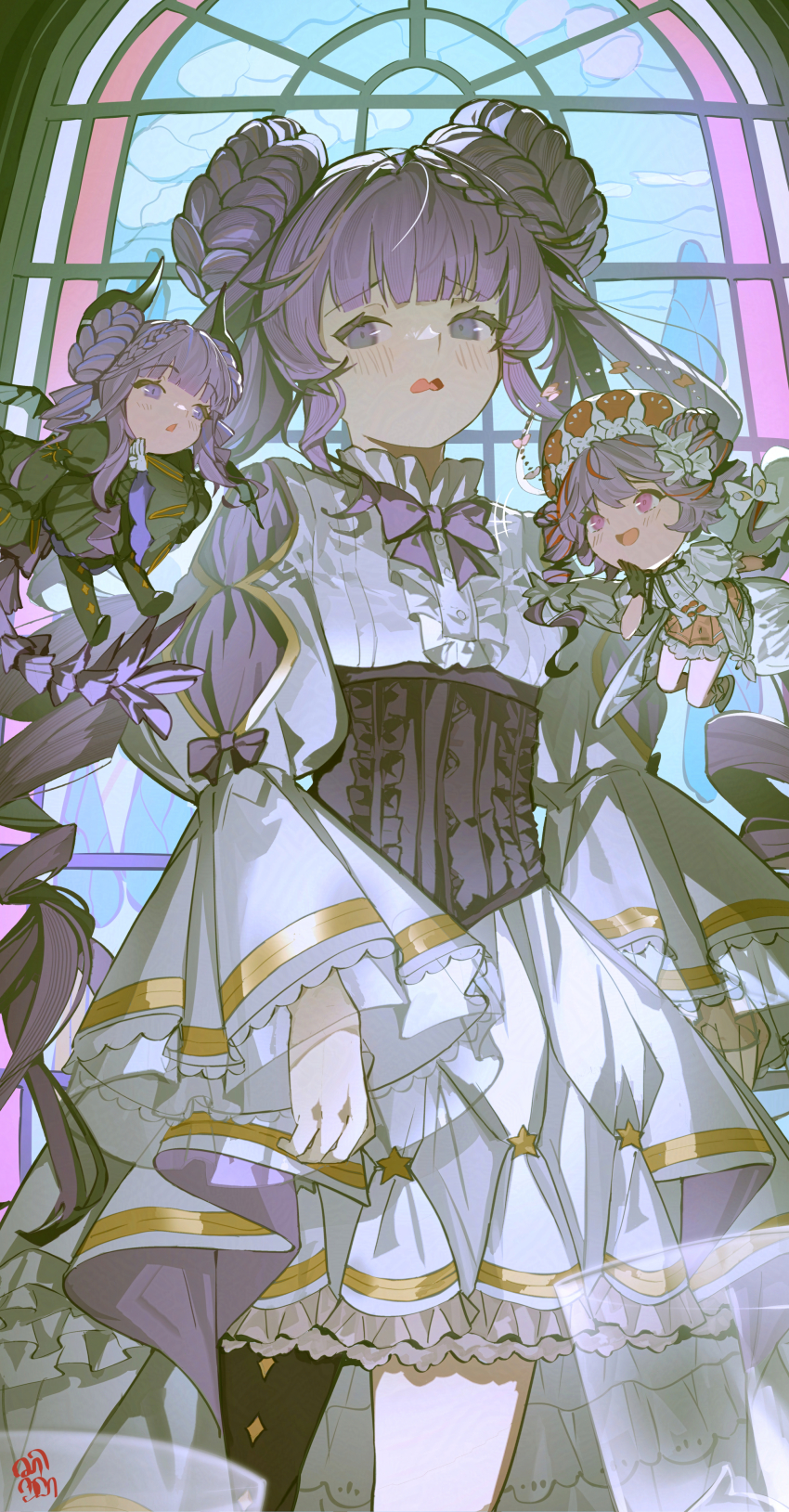 3girls absurdres angello_vaalmonica black_dress black_gloves blue_eyes blue_hair demon_horns dimonno_vaalmonica double_bun dress drill_hair duel_monster gloves group_picture hair_bun highres horns indoors multicolored_hair multiple_girls nervous purple_hair red_eyes red_hair selettrice_vaalmonica sen-jou stained_glass twin_drills two-tone_hair white_dress white_gloves window yu-gi-oh!