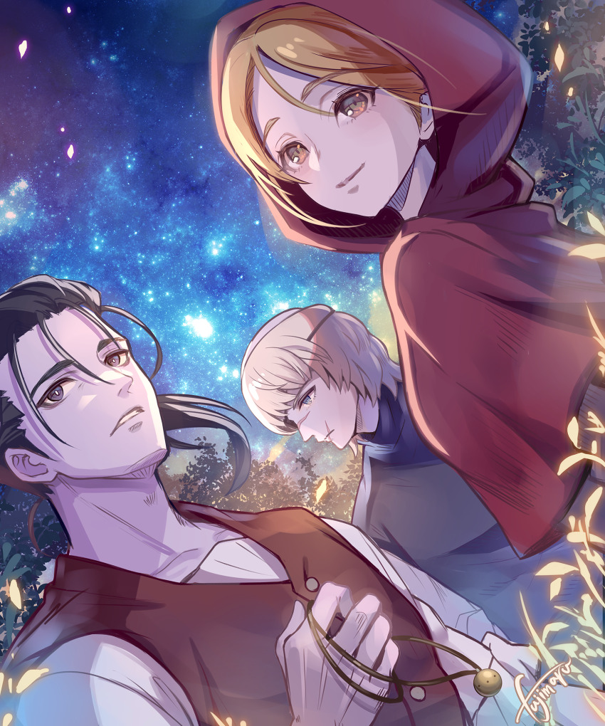 1girl 2boys artist_name badeni black_hair blonde_hair brown_eyes brown_vest chi.:_chikyuu_no_undou_ni_tsuite eyepatch facial_hair fujimaru_(green_sparrow) highres hood hood_up jolenta long_hair multiple_boys night night_sky oczy outdoors scar scar_on_face shirt sky standing stubble vest white_shirt