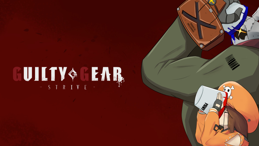 +_+ 1boy 1girl absurdres accurina arms_up barcode brown_hair bucket can closed_eyes clothing_cutout commentary drinking_paint english_commentary english_text fingerless_gloves gloves guilty_gear guilty_gear_strive hat helmet highres hood hoodie light_blush logo long_hair may_(guilty_gear) muscular muscular_male orange_headwear orange_hoodie paint paint_can pirate_hat potemkin_(guilty_gear) shiny_skin shoulder_cutout size_difference skull_and_crossbones sweat upper_body yellow_eyes