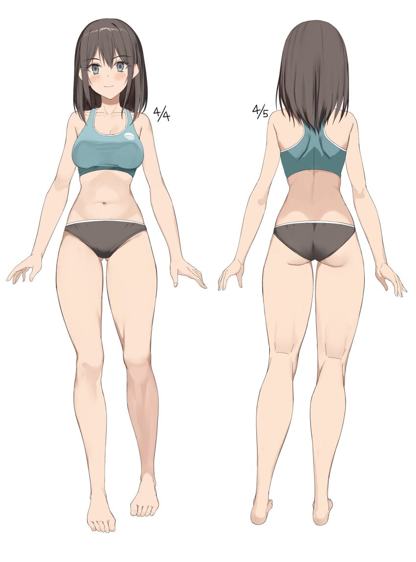 1girl ass barefoot black_hair blue_eyes breasts buruma commentary_request dated full_body highres kureha_(ironika) large_breasts long_hair looking_at_viewer navel original simple_background smile solo standing toes tsubasa_(kureha)