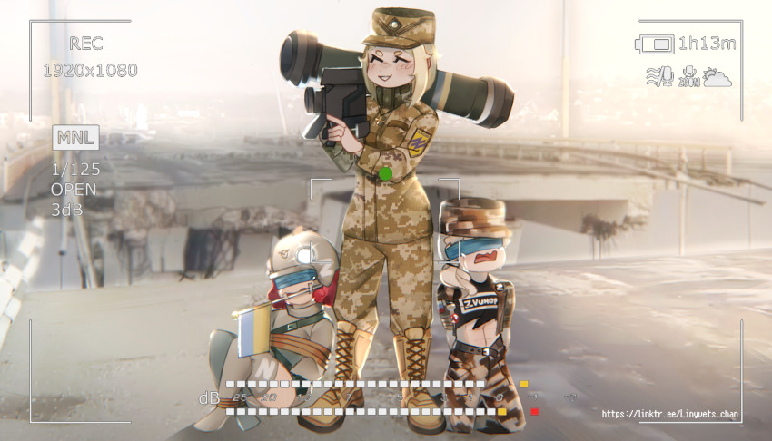 3girls arms_behind_back azov_battalion badge belt black_tank_top blonde_hair borrowed_character bound bound_arms bound_legs bridge buhanka-chan coat_of_arms combat_helmet covered_eyes crying destruction fgm-148_javelin hat headlamp helmet highres holding holding_weapon jacket kneeling marichka military military_hat military_jacket military_pants military_uniform multiple_girls nazi open_mouth over_shoulder ponytail prisoner_of_war propaganda red_hair restrained rocket_launcher russo-ukrainian_war smile tank_top thighhighs ukrainian_flag viewfinder weapon weapon_over_shoulder