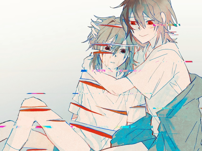 2boys :&gt; black_jacket black_shorts brown_hair closed_mouth deep_wound dual_persona empty_eyes film_grain glitch gradient_background hair_between_eyes highres hug injury isoi_haruki jacket jacket_partially_removed long_sleeves male_focus medium_hair multiple_boys nervous_sweating origin_alpha parted_lips red_eyes saibou_shinkyoku shirt short_sleeves shorts sitting sliced smile sweat t-shirt tu_(7335608837) variant_set white_shirt