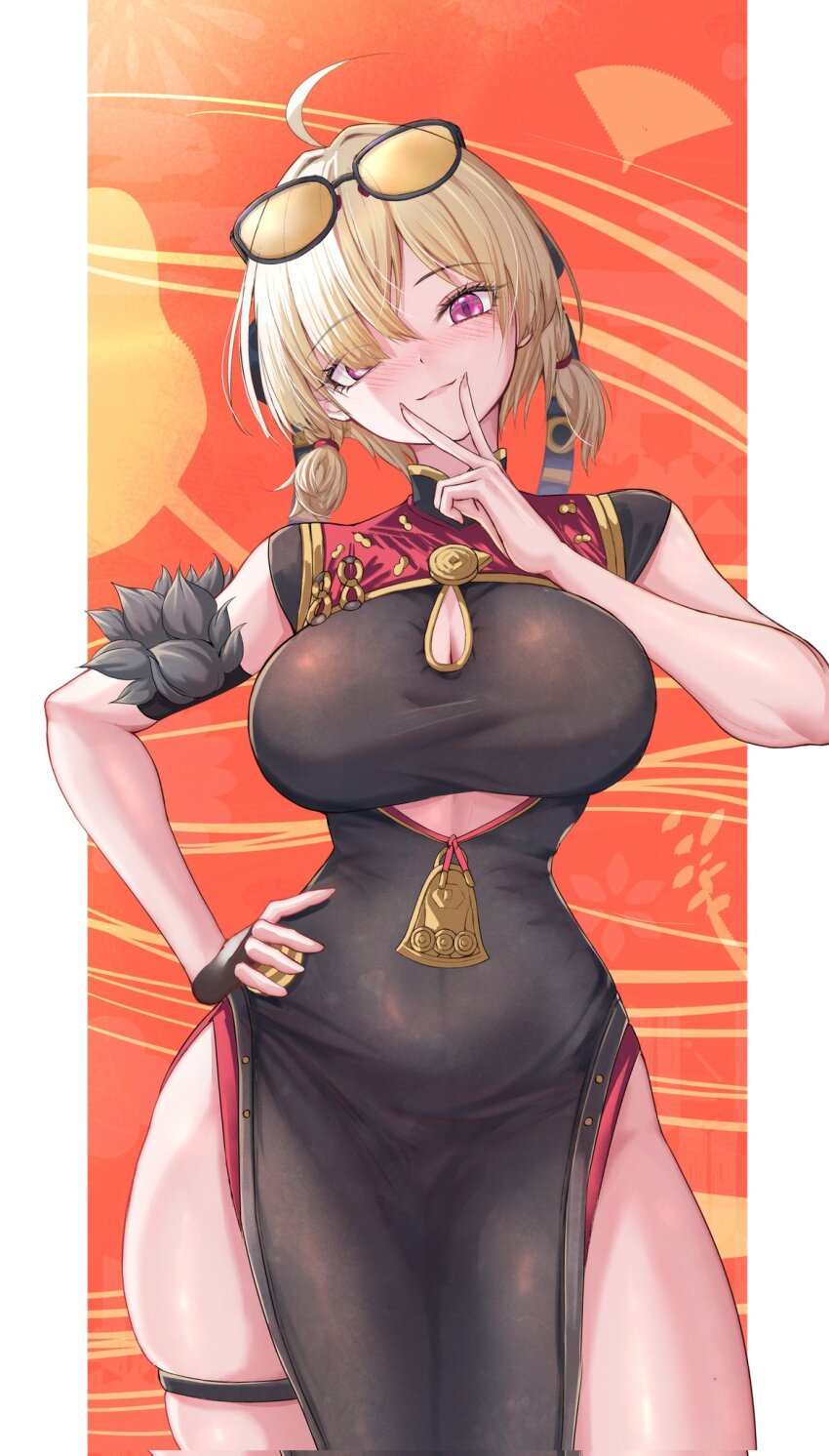 1girl ahoge bare_shoulders black_dress black_gloves blush breasts brown_hair china_dress chinese_clothes cleavage dress eyewear_on_head fingerless_gloves gloves hair_ornament hair_over_one_eye highres large_breasts looking_at_viewer low_twintails orange-tinted_eyewear pelvic_curtain penguintake purple_eyes red_dress short_hair short_twintails side_slit single_fingerless_glove smile solo sunglasses sweety_(zenless_zone_zero) thighs tinted_eyewear twintails two-tone_dress zenless_zone_zero
