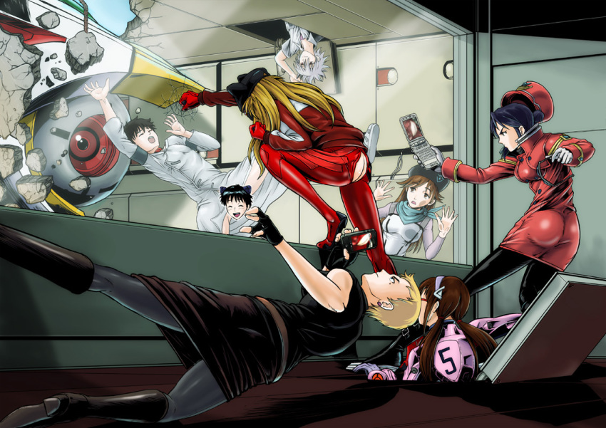 2boys 5girls against_glass akagi_ritsuko ass blonde_hair brown_hair butt_crack buttons censored destruction eva_09 evangelion:_3.0_you_can_(not)_redo expressionless eyepatch falling glass hairband hat holding holding_phone hood hoodie ikari_shinji jacket jumping katsuragi_misato kazumina looking_at_another low_twintails mecha mecha_pilot_suit multiple_boys multiple_girls nagisa_kaworu neon_genesis_evangelion parody phone plugsuit_(evangelion) punching rebuild_of_evangelion robot short_hair skirt souryuu_asuka_langley surprised suzuhara_sakura torn_clothes twintails wardrobe_malfunction what