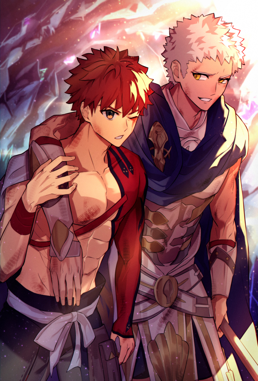 2boys absurdres armor battle_damage cape carrying carrying_under_arm emiya_shirou fate/grand_order fate_(series) friends highres male_focus multiple_boys muscular muscular_male natupath_summer ptolemy_(fate) red_hair senji_muramasa_(fate) single_bare_shoulder spiked_hair white_hair
