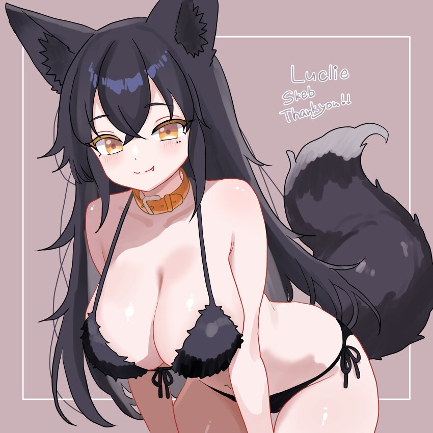 1girl absurdres animal_ears bare_arms bare_shoulders bent_over bikini black_bikini black_hair breasts character_request cleavage closed_mouth collar commentary_request commission fang front-tie_bikini_top front-tie_top fur_bikini halterneck highres large_breasts long_hair looking_at_viewer mole mole_under_eye n_54 navel orange_collar original side-tie_bikini_bottom skeb_commission smile solo string_bikini swimsuit tail very_long_hair wolf_ears wolf_tail yellow_eyes