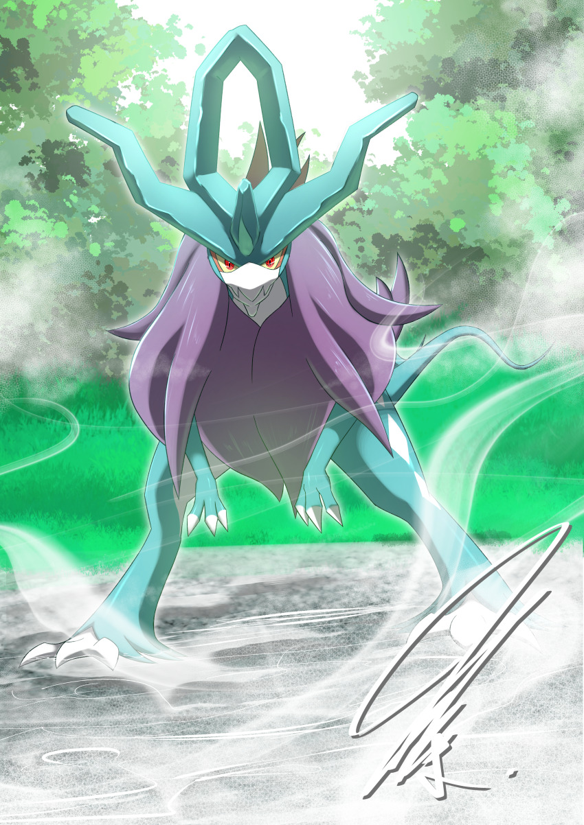 absurdres aqua_skin claws colored_sclera colored_skin crest dinosaur dynamic_pose fog forest full_body game_freak grass highres looking_at_viewer mitsukuma448 nature nintendo no_humans pokemon pokemon_(creature) purple_fur red_eyes signature smoke solo standing steam tree walking_wake water yellow_sclera