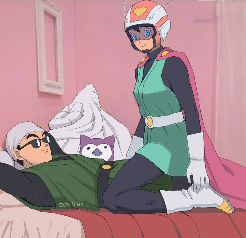 1boy 1girl absurdres bandana bed black_hair blue_eyes cape couple dragon_ball genniax great_saiyaman great_saiyaman_2 happy helmet highres sitting sitting_on_person smile son_gohan sunglasses super_heroes videl
