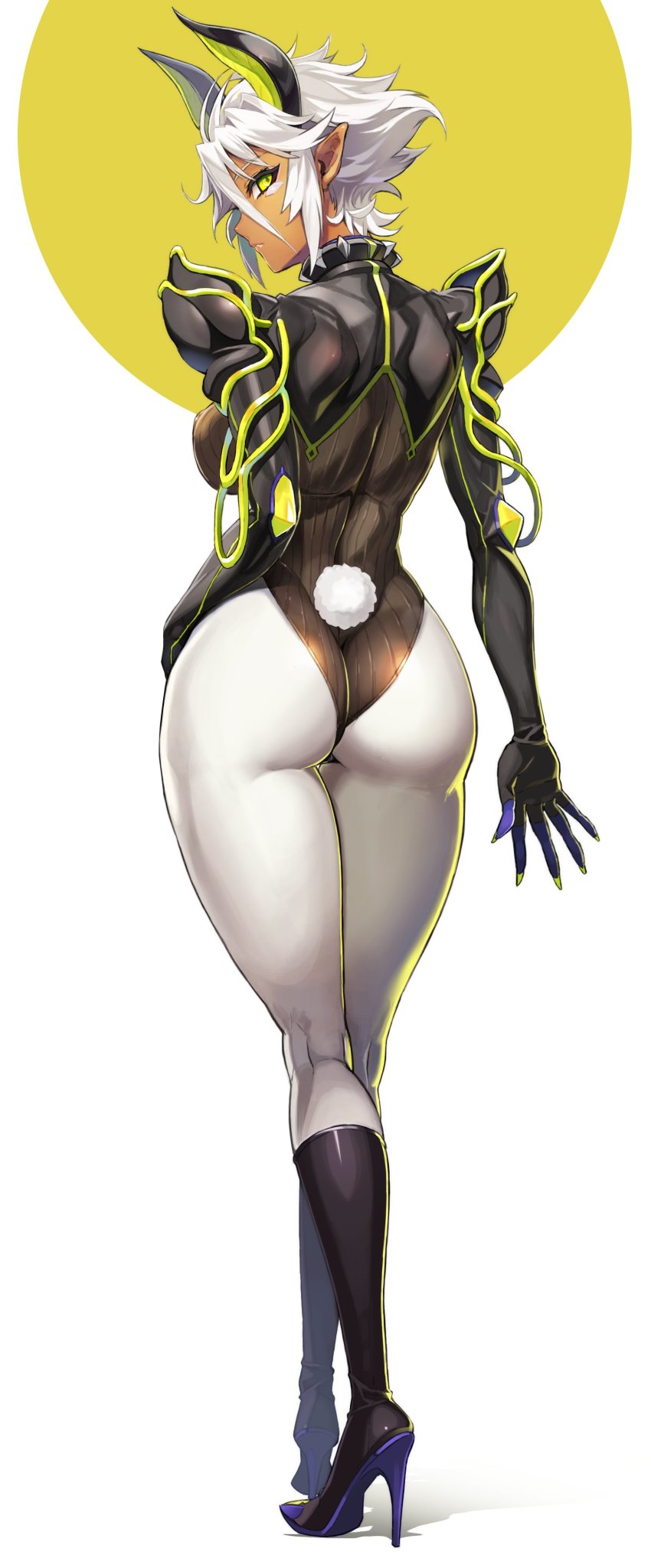 1girl absurdres arm_at_side armor ass black_boots black_leotard boots breasts cameltoe closed_mouth clothing_cutout collar crossed_legs dark-skinned_female dark_skin expressionless facial_mark female_focus fingernails from_behind full_body gloves green_eyes hair_between_eyes hand_on_own_hip high_heel_boots high_heels highres horns knee_boots kneepits large_breasts leotard long_fingernails looking_at_viewer looking_back official_art ookuma_nekosuke pantyhose pointy_ears profile rabbit_tail shinmai_maou_no_testament short_hair shoulder_blades shoulder_pads sidelocks simple_background solo spiked_collar spikes standing tail tail_through_clothes thigh_gap white_hair white_pantyhose yellow_background yellow_eyes yellow_theme zest