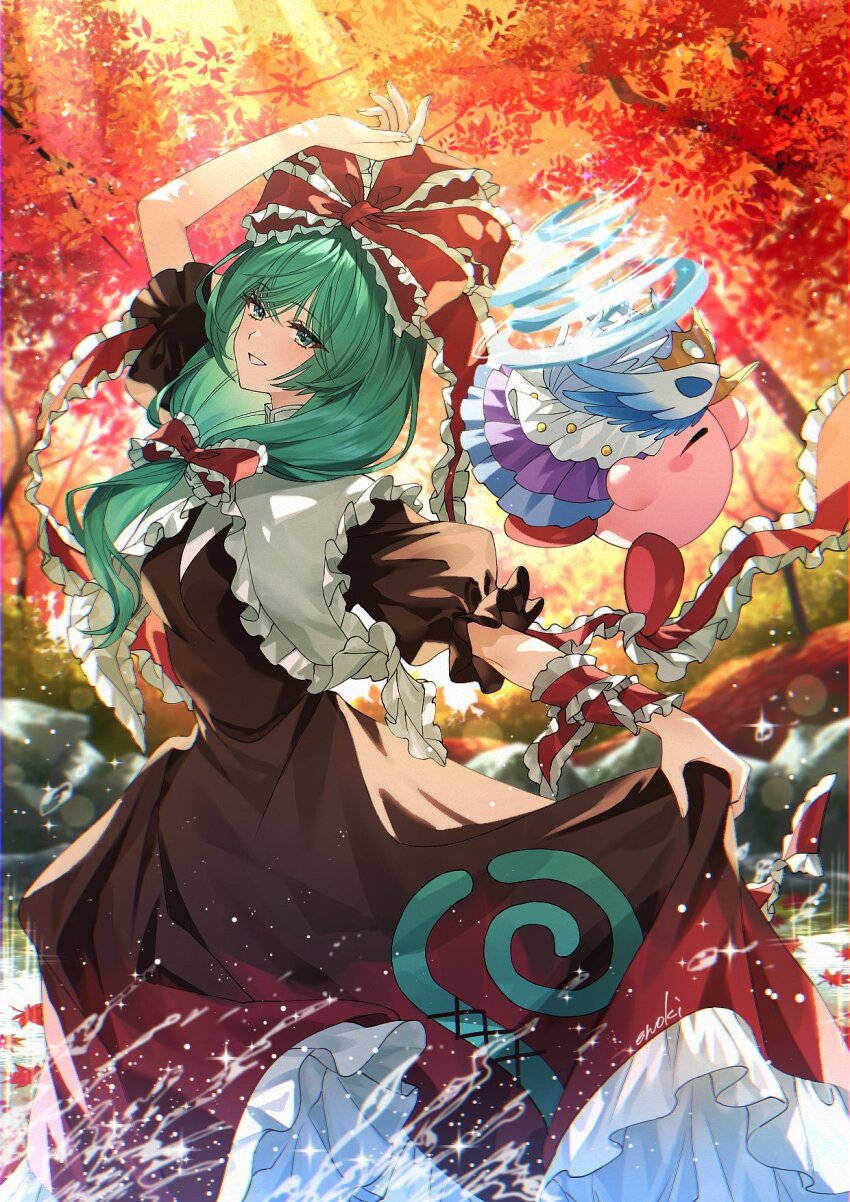 1girl arm_ribbon artist_name autumn bow dress enoki_3106 fleur_tornado_kirby frilled_bow frilled_dress frilled_ribbon frills front_ponytail gradient_clothes gradient_dress green_eyes green_hair hair_bow hair_ribbon hand_up highres kagiyama_hina kirby kirby_(series) leaf lifting_own_clothes long_ribbon looking_at_viewer maple_leaf nintendo outdoors puffy_short_sleeves puffy_sleeves red_bow red_ribbon ribbon short_sleeves smile solo tornado_kirby touhou two-tone_dress water_drop