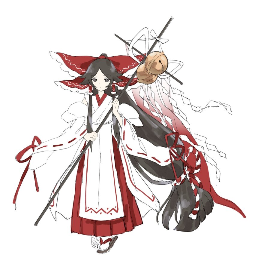 1girl aeginflash bell black_hair bow chihaya_(clothing) foul_detective_satori full_body gensokyo&#039;s_first_hakurei_miko hair_bow hair_tubes highres japanese_clothes jingle_bell large_bow long_hair looking_at_viewer low-tied_long_hair red_bow red_skirt ribbon-trimmed_sleeves ribbon_trim sandals simple_background skirt socks solo tabi touhou very_long_hair white_background white_socks zouri