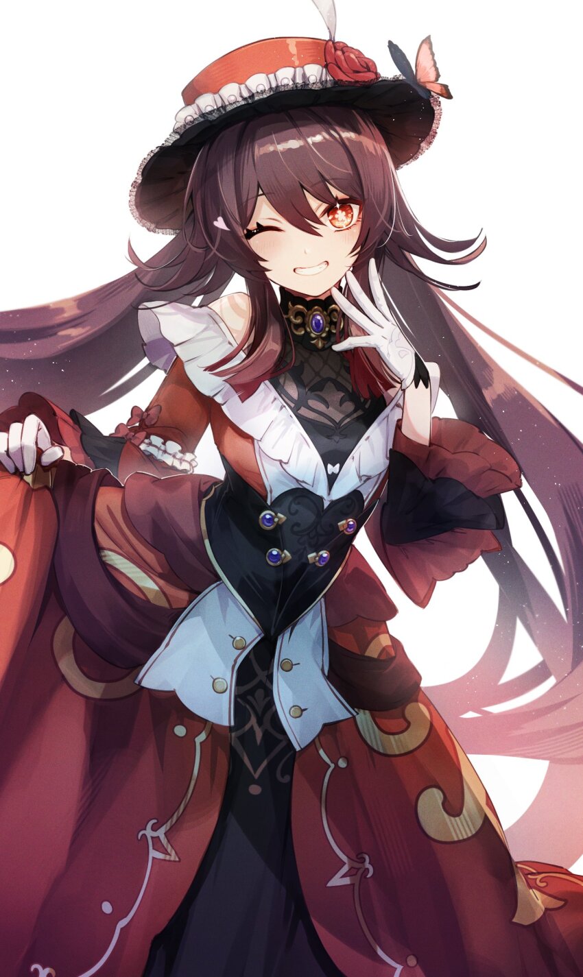 1girl ;d alternate_costume bow brown_hair butterfly_hat_ornament commentary_request dress flower flower-shaped_pupils gem genshin_impact gloves hair_between_eyes hand_up hat hat_flower hat_ornament highres hu_tao_(genshin_impact) itsumono_katze light_blush long_hair long_sleeves looking_at_viewer one_eye_closed open_mouth purple_gemstone red_bow red_dress red_eyes red_flower red_hat skirt_hold smile solo symbol-shaped_pupils twintails very_long_hair white_background white_gloves wide_sleeves