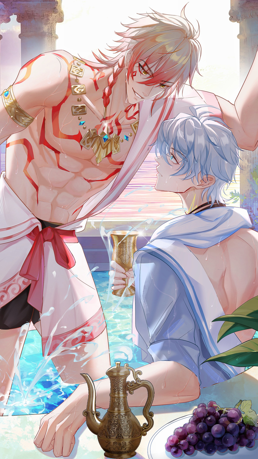 2boys abs absurdres antenna_hair arm_tattoo armlet bare_pectorals bath bathhouse bathrobe black_choker blonde_hair blue_eyes body_markings chalice chest_tattoo choker cup earrings facial_tattoo glint gold_armlet gold_earrings gold_necklace gradient_hair grin hand_up highres holding holding_cup honkai:_star_rail honkai_(series) jewelry light_particles looking_at_another looking_down looking_up male_focus male_underwear multicolored_hair multiple_boys mydei_(honkai:_star_rail) navel necklace open_clothes open_robe partially_submerged pectorals phainon_(honkai:_star_rail) pillar red_hair red_tattoo robe shenjudongmandabanban smile solo tattoo toned toned_male towel towel_around_neck underwear wading wet wet_hair white_hair yellow_eyes