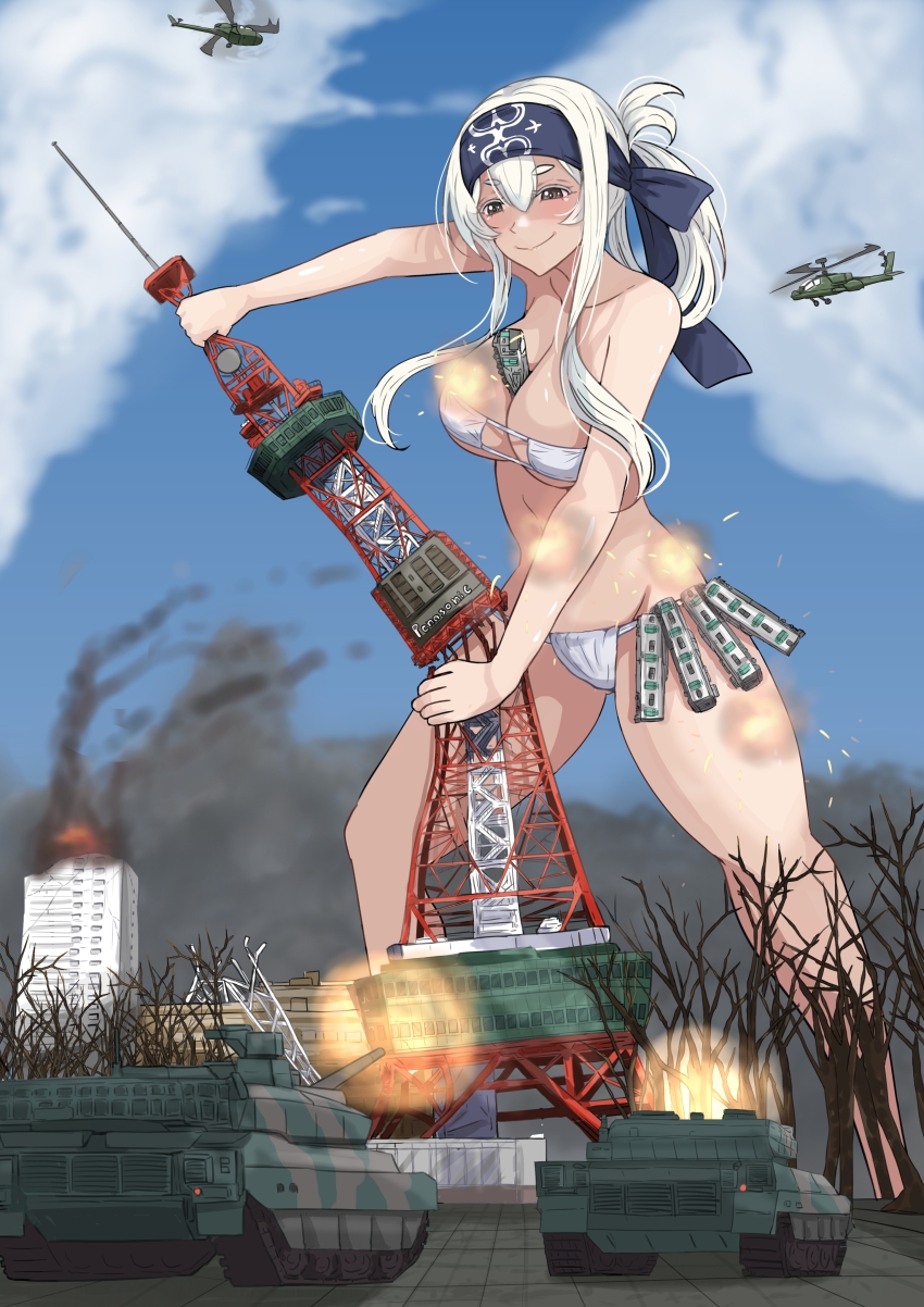 1girl absurdres ah-64_apache aircraft attack_helicopter between_breasts bikini blue_headband blue_sky breasts brown_eyes building burning burning_building cloud commission day destruction eyepatch_bikini giant giantess headband helicopter highres kamoi_(kancolle) kantai_collection ken_(shutenndouji1) military_vehicle motor_vehicle navel outdoors pixiv_commission sidelocks sky smile swimsuit tank thick_eyebrows tokyo_tower tree white_hair