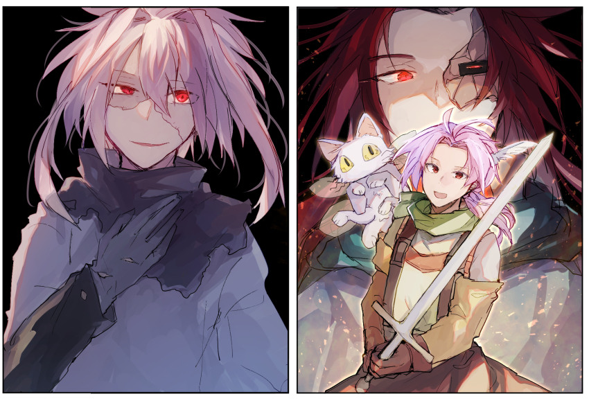 3boys black_capelet black_gloves brown_gloves capelet commentary_request creature dita_iliner eigha_iliner feather_hair_ornament feathers fumi_(rdbm) gloves godzylla_(saibou_shinkyoku) green_scarf grey_shirt hair_between_eyes hair_intakes hair_ornament hand_on_own_chest highres holding holding_sword holding_weapon male_focus multiple_boys nijou_ryuu pink_hair red_eyes red_hair saibou_shinkyoku scarf shirt short_hair_with_long_locks smile sword torn_capelet torn_clothes torn_gloves uneven_eyes weapon