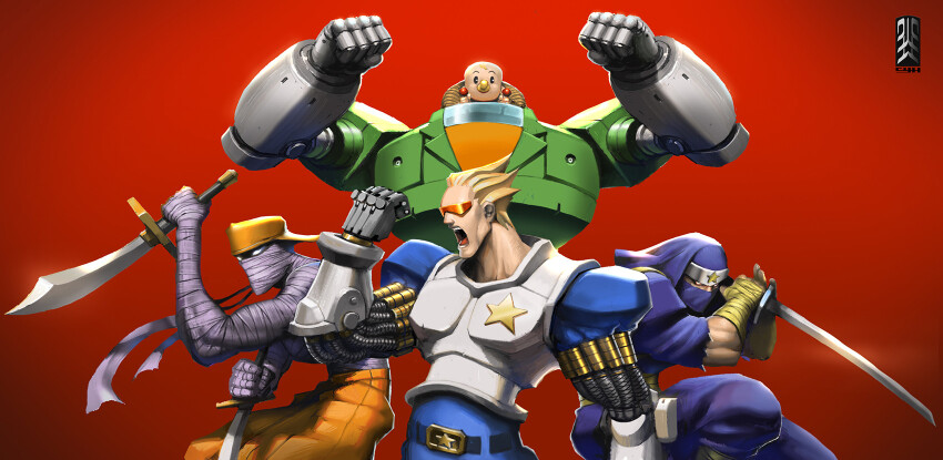 4boys armor baby belt blonde_hair capcom captain_commando captain_commando_(character) cho_yonghee fantasy fighting_stance gradient_background hat highres hoover_(captain_commando) jennety katana male_focus mecha multiple_boys mummy ninja official_art official_style power_suit promotional_art robot science_fiction scimitar shou_(captain_commando) shouting signature star_(symbol) sunglasses sword weapon