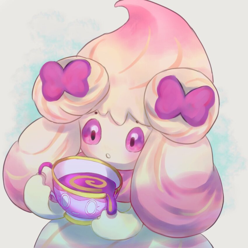 1girl alcremie alcremie_(ribbon_sweet) alcremie_(ruby_swirl) big_hair blue_background butter_(oshi8kyoumoh) colored_skin cup female_focus gen_8_pokemon gradient_hair hands_up highres holding holding_cup long_hair looking_down multicolored_hair nintendo open_mouth pink_hair pokemon pokemon_(creature) purple_eyes sinistea spilling streaked_hair teacup white_eyes white_hair white_skin