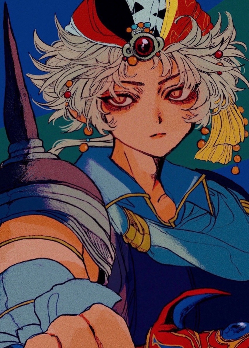 1boy aqua_cape aqua_vest armlet armor brown_eyes cape final_fantasy final_fantasy_ii firion gem grey_hair highres holding holding_sword holding_weapon jewelry long_hair looking_to_the_side male_focus multicolored_headscarf nayo_(kr_000515) ponytail red_gemstone slit_pupils solo spiked_pauldrons sword upper_body weapon