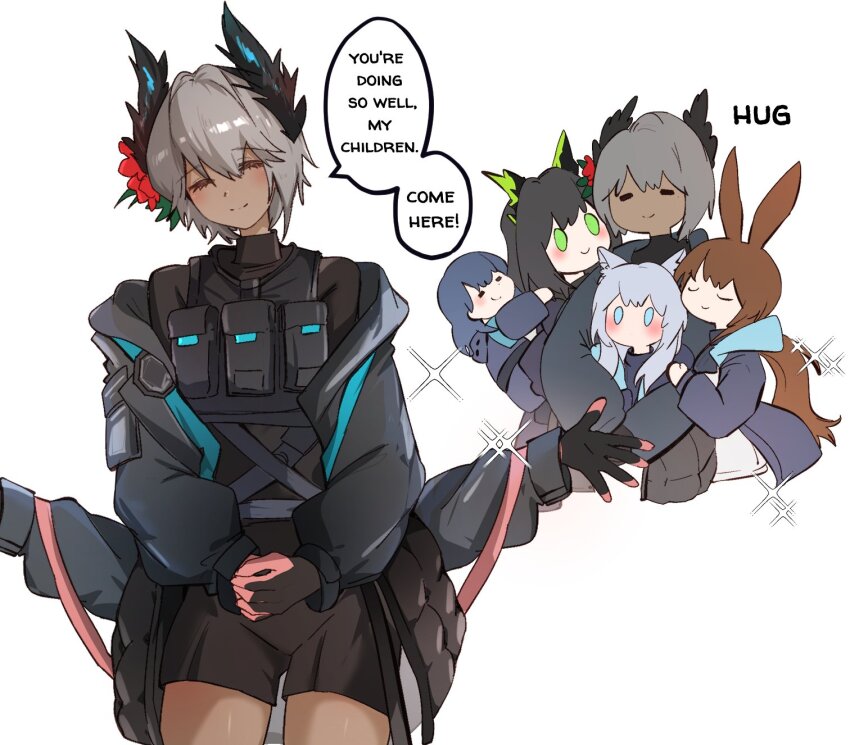 5girls ^_^ amiya_(arknights) animal_ears arknights arya_melati black_gloves black_hair blue_eyes blush brown_hair chibi closed_eyes closed_mouth commentary dark-skinned_female dark_skin doctor_(arknights) english_commentary english_text extra_arms facing_viewer female_doctor_(arknights) gloves green_eyes grey_hair hair_between_eyes highres hug long_hair long_sleeves mon3tr_(arknights) motherly multiple_girls own_hands_together pink_gloves raidian_(arknights) rosmontis_(arknights) short_hair simple_background smile sparkle speech_bubble white_background