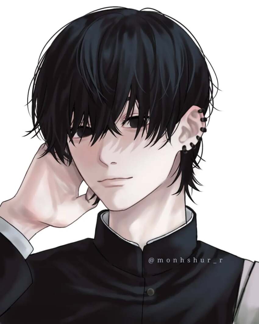 1boy black_eyes black_hair chainsaw_man commentary ear_piercing earrings gakuran hair_over_eyes highres instagram_username jewelry male_focus monhshur_r piercing portrait school_uniform smile solo yoshida_hirofumi