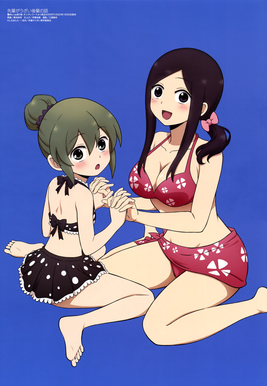 absurdres barefoot bikini bikini_skirt black_bikini black_eyes black_hair blue_background blush bow breasts cleavage collarbone copyright_notice foot_out_of_frame green_eyes green_hair hair_bow hair_bun highres holding_hands igarashi_futaba interlocked_fingers kikuchi_masayoshi large_breasts long_hair looking_at_viewer looking_back megami_magazine official_art open_mouth parted_bangs pink_bow red_bikini red_sarong sakurai_touko sarong senpai_ga_uzai_kouhai_no_hanashi sidelocks simple_background single_hair_bun sitting small_breasts smile swimsuit wariza