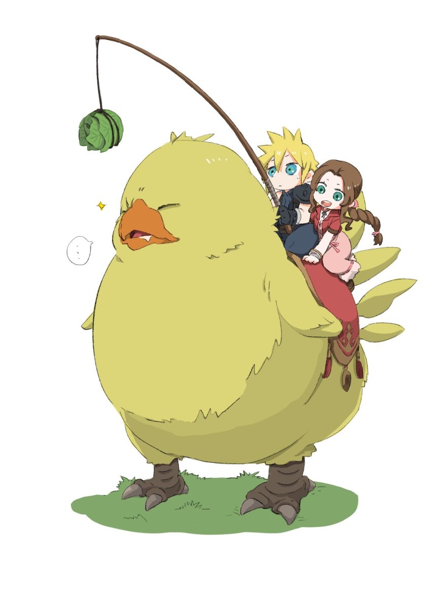 ... 1boy 1girl aerith_gainsborough armor bangle bird blonde_hair blue_eyes blue_pants blue_shirt bracelet braid braided_ponytail brown_hair chibi chocobo choker closed_eyes cloud_strife dress drooling fat_chocobo final_fantasy final_fantasy_vii final_fantasy_vii_remake fishing_rod food grass green_eyes hair_between_eyes hair_ribbon highres jacket jewelry long_hair open_mouth outdoors pants parted_bangs pink_dress pink_ribbon red_jacket ribbon ribbon_choker riding riding_animal ringon saddle shirt short_hair shoulder_armor sidelocks smile spiked_hair vegetable white_background