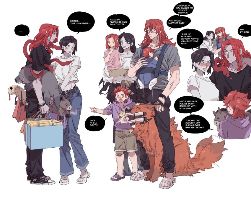 3boys 3girls bag blue_eyes blush carrying carrying_person child_carry collar crocs denim elden_ring elden_ring:_shadow_of_the_erdtree english_text glasses highres jeans long_hair lunar_princess_ranni messmer_the_impaler midriff multiple_boys multiple_girls nozakikotaro4 one_eye_closed pants praetor_rykard radagon_of_the_golden_order ranni_the_witch red_hair red_wolf_of_radagon rellana_twin_moon_knight rennala_queen_of_the_full_moon shoes shopping shopping_bag slippers snake sneakers speech_bubble starscourge_radahn stuffed_toy sweat white_background wolf