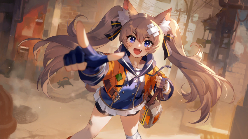 1girl :d animal_ear_fluff animal_ears artist_request blue_gloves brown_hair cat_ears cat_girl check_artist ein_lee fang fingerless_gloves game_cg gloves highres jacket long_hair non-web_source open_mouth orange_jacket pointing pointing_at_viewer purple_eyes smile solo tevi twintails vena_(tevi) very_long_hair