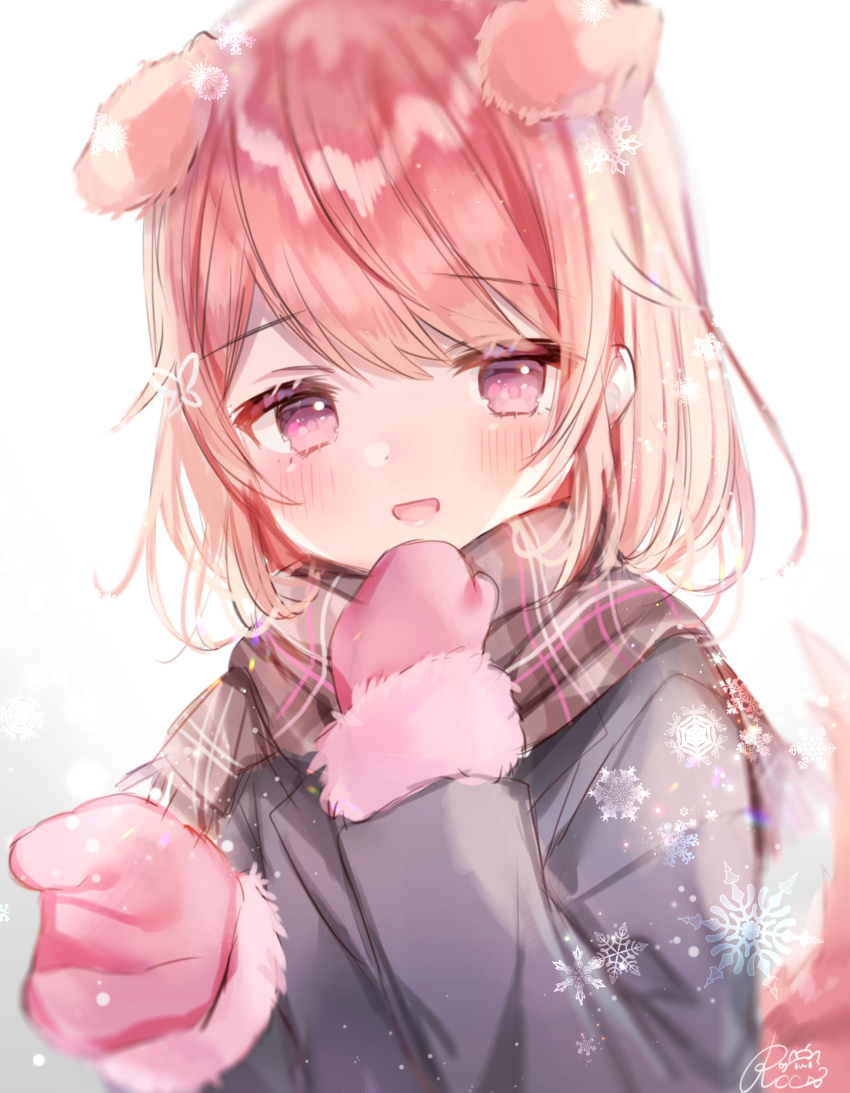 1girl :d animal_ears bad_id bad_pixiv_id black_jacket blush brown_scarf commentary_request copyright_request dog_ears dog_girl dog_tail fringe_trim fur-trimmed_mittens fur_trim gradient_background grey_background hands_up highres indie_virtual_youtuber jacket long_sleeves looking_at_viewer mittens open_mouth pink_mittens plaid_clothes plaid_scarf purple_eyes red_hair rucaco scarf signature smile snowflakes solo tail tail_raised upper_body virtual_youtuber white_background