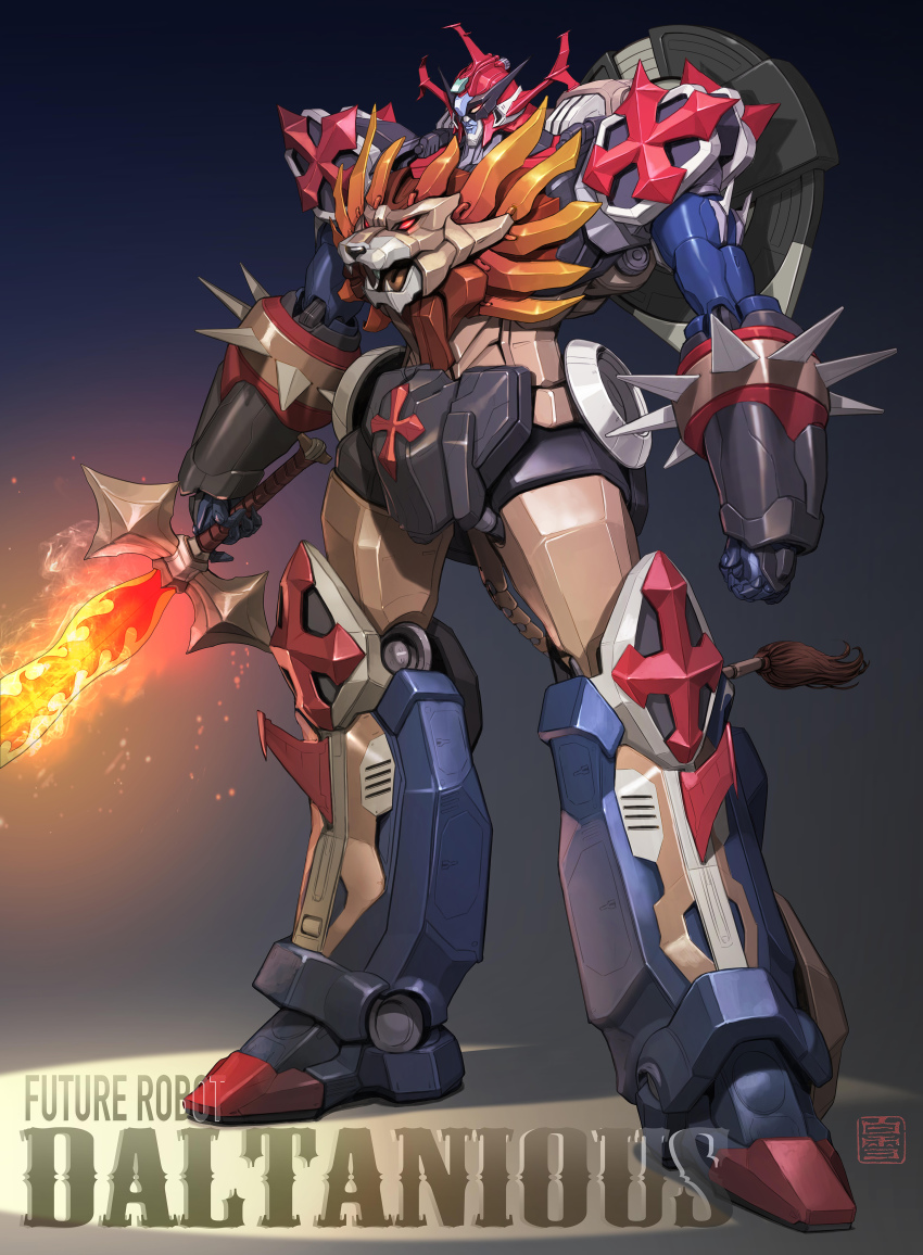 absurdres arms_at_sides artist_logo clenched_hand closed_mouth commentary_request copyright_name daltanious fire flaming_sword flaming_weapon full_body gradient_background highres holding holding_sword holding_weapon legs_apart lion_tail logo maeda_hiroyuki mecha mecha_focus mechanical_tail mirai_robo_daltanious no_humans orange_eyes redesign robot science_fiction shadow solo spikes standing super_robot sword tail weapon