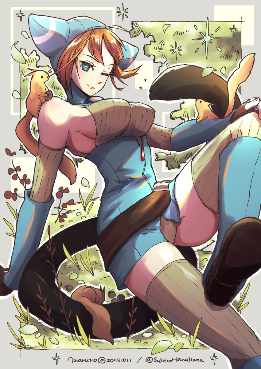 1girl absurdres animal animal_ears animal_hood bare_shoulders black_gloves black_tail blue_footwear blue_headwear breasts breath_of_fire breath_of_fire_v cat_hood closed_mouth creature dated fingerless_gloves gloves grass green_eyes highres hood lin_(breath_of_fire) looking_at_viewer maruno medium_breasts one_eye_closed orange_hair outdoors short_hair smile squirrel tail thighhighs twitter_username