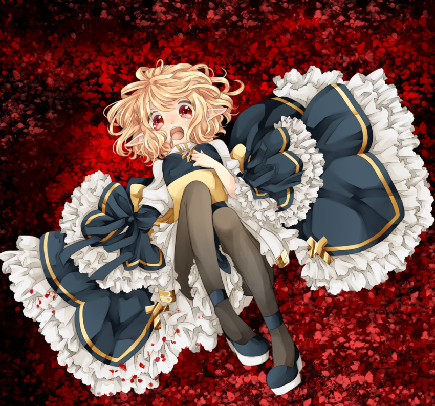 1girl arch_bishop_(ragnarok_online) black_dress black_shoes blonde_hair blush breasts commentary_request cross dress frilled_dress frilled_sleeves frills full_body grey_pantyhose looking_at_viewer lying meiko_(nattu303) on_back open_mouth pantyhose pointy_ears ragnarok_online red_background red_eyes sash shoes small_breasts solo two-tone_dress white_dress yellow_sash
