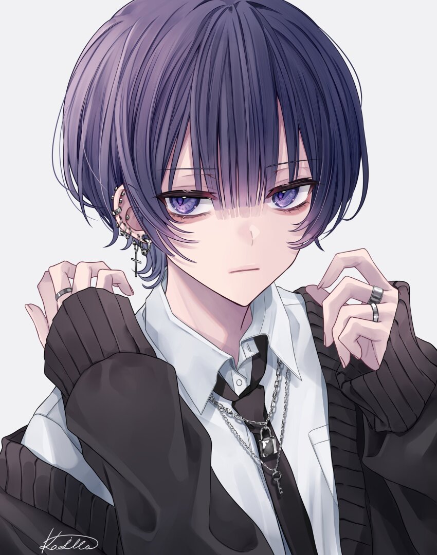 1boy black_jacket black_necktie blue_eyes blue_hair chain closed_mouth clothes_pull collarbone cross cross_earrings earclip earrings hair_between_eyes highres hoop_earrings jacket jacket_pull jewelry key ksb_x4 lips lock looking_at_viewer male_focus necklace necktie original ring shirt short_hair signature simple_background stud_earrings upper_body white_background white_shirt