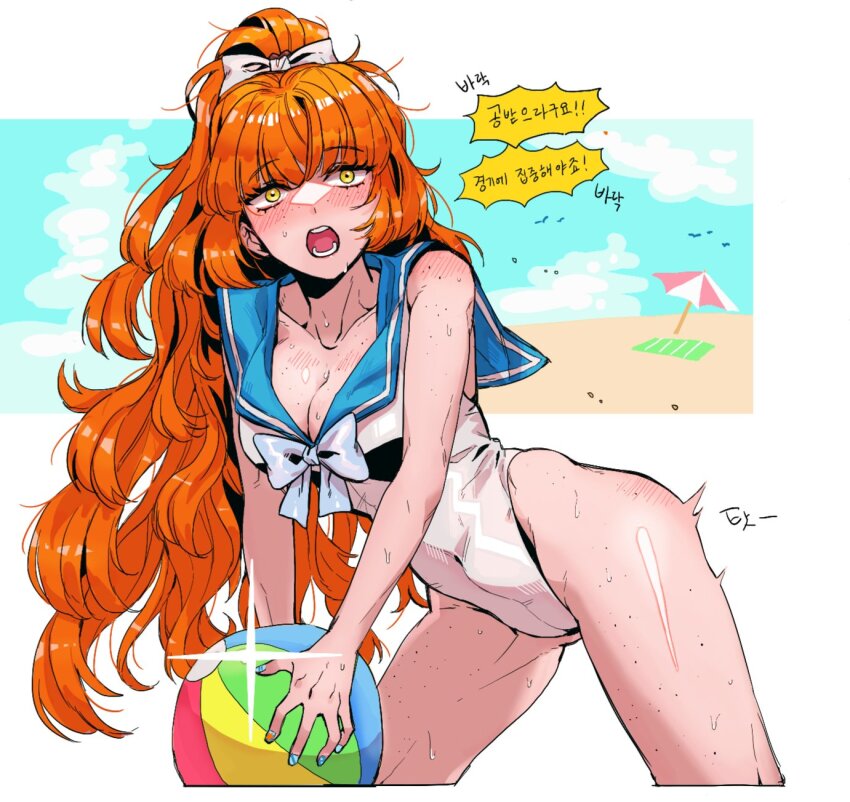 1girl ball beach beachball blue_bow blue_bowtie blue_sailor_collar body_blush body_freckles bow bowtie breasts cleavage freckles high_ponytail highres holding holding_ball ishmael_(project_moon) korean_text limbus_company long_hair looking_at_viewer medium_breasts nyak_138 one-piece_swimsuit open_mouth outdoors ponytail project_moon sailor_collar solo sun swimsuit very_long_hair white_bow white_one-piece_swimsuit