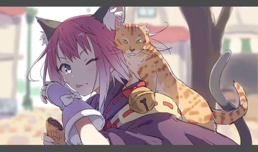 1girl absurdres animal animal_ear_fluff animal_ears animal_on_shoulder bell blurry blurry_background blush cat cat_ears cat_girl cat_on_shoulder cat_tail fingerless_gloves food food_on_face gloves gradient_hair highres holding holding_food japanese_clothes jingle_bell kimono laika_(sputnik2nd) letterboxed licking_lips looking_at_viewer multicolored_hair one_eye_closed pink_gloves princess_connect! purple_eyes purple_hair purple_kimono solo tail taiyaki tamaki_(princess_connect!) tongue tongue_out tree upper_body wagashi
